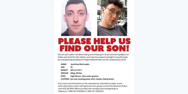 Police in the country’s capital of Ljubljana said that identification tests established the death of Jonathan Luskin, 25, of Wisconsin. Pictured is a missing persons poster.