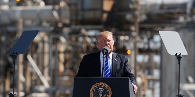 U.S. President Donald Trump addresses a tax reform event with workers at the Andeavor Refinery in Mandan, North Dakota on Sept. 6, 2017.