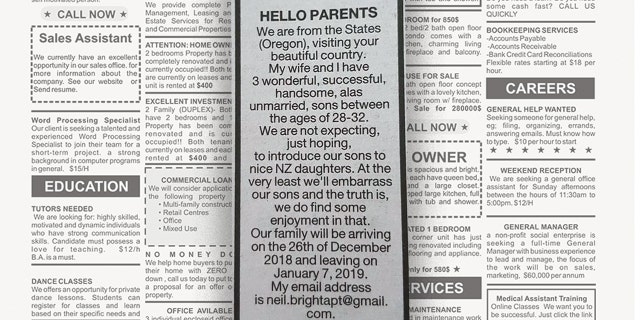 Earlier this week, an Oregon man named Neil placed a classified ad in the New Zealand Herald pursuing blind dates for his three sons during their upcoming vacation.