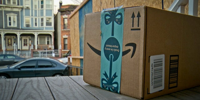 This image taken from video shows an Amazon package containing a GPS tracker on the porch of a Jersey City, N.J. residence after its delivery Tuesday, Dec. 11, 2018. The explosion in online shopping has led to porch pirates and stoop surfers swiping holiday packages from unsuspecting residents. The cops in one New Jersey city are trying to catch the thieves with some trickery of their own. (AP Photo/Robert Bumsted)