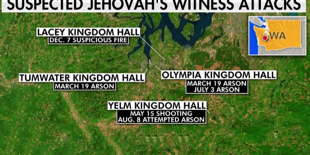 The dates and locations of attacks at Jehovah's Witness Kingdom Halls in Washington state this year.