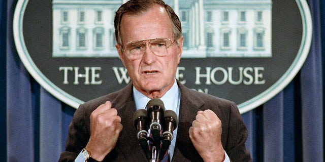 In this June 5, 1989 file photo, U.S. President George H.W. Bush holds a news conference at the White House in Washington, D.C.