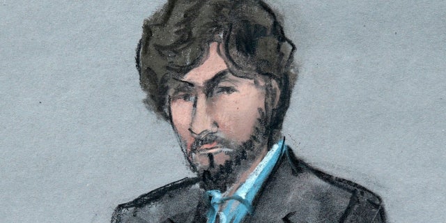 In this June 24, 2015 file courtroom sketch, Boston Marathon bomber Dzhokhar Tsarnaev sits as survivors and victim's family members address the court