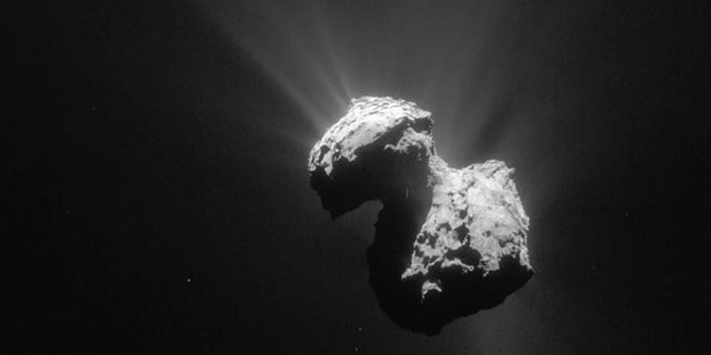 A single frame Rosetta navigation camera image of Comet 67P/Churyumov-Gerasimenko.