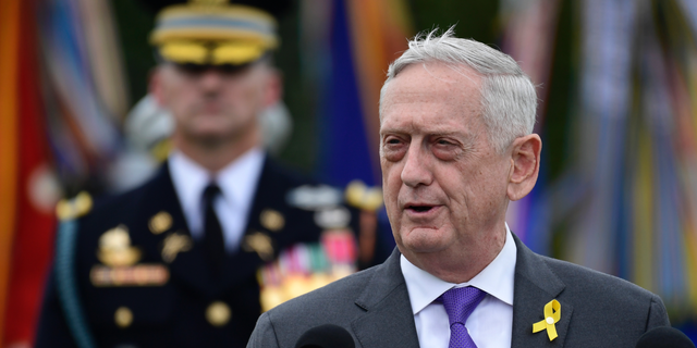 FILE -In this Sept. 21, 2018, file photo, Defense Secretary Jim Mattis speaks during the 2018 POW/MIA National Recognition Day Ceremony at the Pentagon in Washington. President Donald Trump says Mattis will be retiring at the end of February 2019. (AP Photo/Susan Walsh, file)