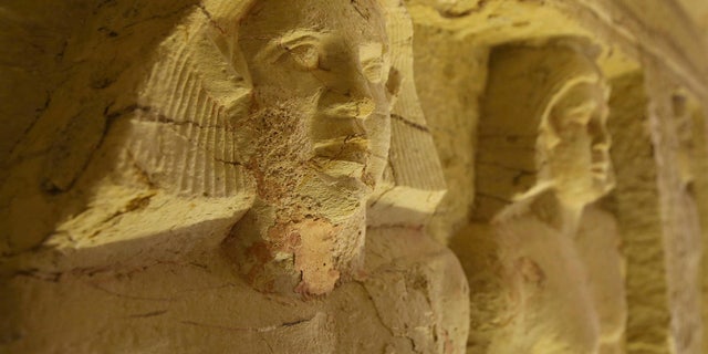 A view inside a recently uncovered tomb of the Fifth Dynasty royal Priest during the reign of King Nefer Ir-Ka-Re, named "Wahtye", at the site of the step pyramid of Saqqara. (Photo by Mahmoud Abdelghany/picture alliance via Getty Images)