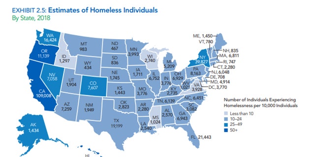 An estimate of the numbers homeless individuals, by state, in 2018.