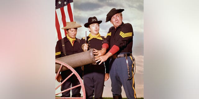 The stars of "F Troop," from left: Larry Storch (Cpl. Agarn);Ken Berry (Capt. Parmenter); and Forrest Tucker (Sgt. O'Rourke). (ABC via Getty Images)