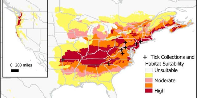 A map showing the potential range of the Asian longhorned tick (Haemaphysalis longicornis) in North America, according to a 2018 study published in the Journal of Medical Entomology.