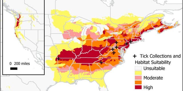 A map showing the potential range of the Asian longhorned tick (Haemaphysalis longicornis) in North America, according to a 2018 study published in the Journal of Medical Entomology.