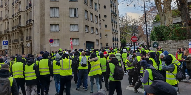 Yellow-jacketed protesters gather in Paris for protests on Saturday, Dec. 8, 2018. (Lukas Mikelionis/Fox News)
