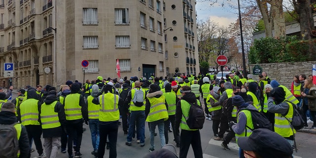 Yellow-jacketed protesters gather in Paris for protests on Saturday, Dec. 8, 2018. (Lukas Mikelionis/Fox News)