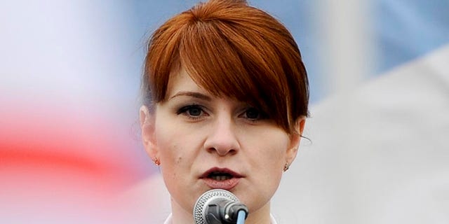 Maria Butina, in 2013, speaks to a crowd during a rally in support of legalizing the possession of handguns in Moscow, Russia.