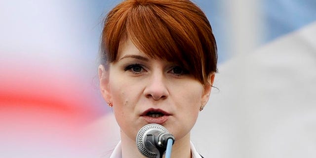 Maria Butina, in 2013, speaks to a crowd during a rally in support of legalizing the possession of handguns in Moscow, Russia.