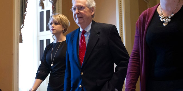 Senate Majority Leader Mitch McConnell, R-Ky., returns to the Capitol from the White House as work to avoid a partial government shutdown continued with President Trump demanding funds for a wall along the U.S.-Mexico border, at the Capitol in Washington, Friday, Dec. 21, 2018. (Associated Press)