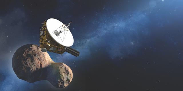 An artist's illustration of NASA's New Horizons spacecraft flying by the Kuiper Belt object Ultima Thule (2014 MU69) on Jan. 1, 2019.