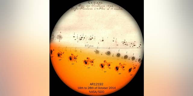 A team led by Andrés Muñoz-Jaramillo from the Southwest Research Institute integrated a sunspot drawing made by Hevelius in 1644 with images from NASA's Solar Dynamics Observatory. The variation of observation techniques comes through in the image.
