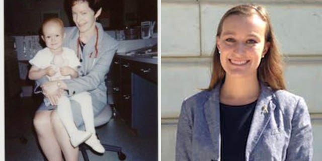 Jennifer Toth, pictured left with a member of her care team at CHOP, and right present day, now works as a nurse on an inpatient oncology unit at CHOP.