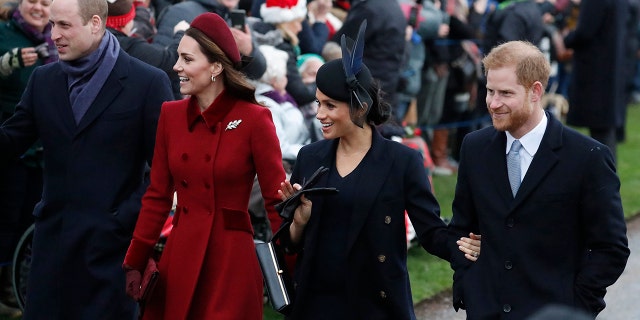 The British Prince William left, Kate, Duchess of Cambridge, second left, Meghan Duchess of Sussex and right, Prince Harry at the St. Mary Magdalene Church Christmas Service in Sandringham, Norfolk (England), Tuesday, December 25, 2018, participate.