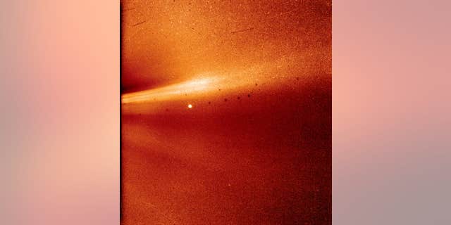 This image taken Nov. 8, 2018, at 1:12 a.m. EST comes from the Parker Solar Probe's WISPR (Wide-Field Imager for Solar Probe) instrument. It shows a coronal streamer, a bright structure that develops over active regions of the sun. The bright point near the image's center is Mercury.