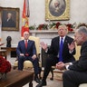 President Donald Trump argues about border security with Senate Minority Leader Chuck Schumer and House Minority Leader Nancy Pelosi as Vice President Mike Pence sits nearby in the Oval Office in Washington, Dec. 11, 2018. 