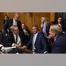 Senate Judiciary Committee member Senator Jeff Flake speaks with committee colleagues during a hearing on the nomination of Brett M. Kavanaugh to be an associate justice of the Supreme Court in Washington, September 28, 2018.