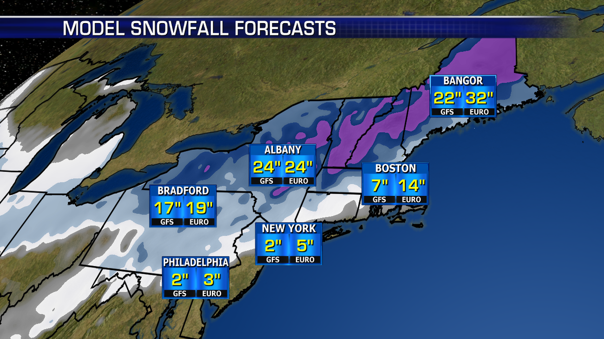 Preliminary snowfall totals from a major winter storm to target the Northeast on Sunday.