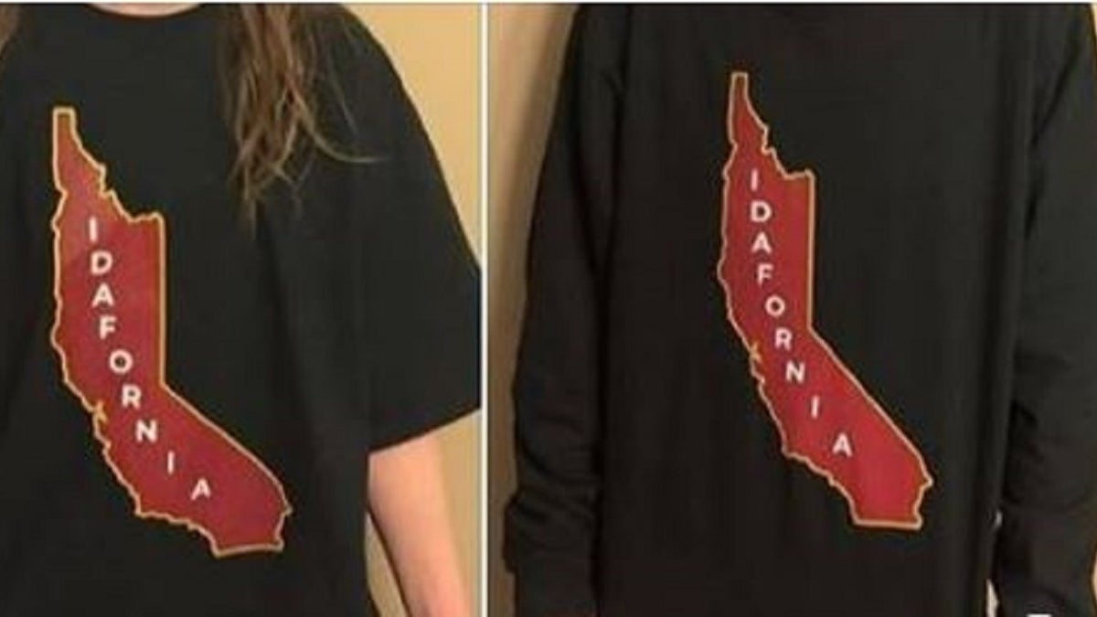 The "Idafornia" shirt combines the names and portions of Idaho and California.