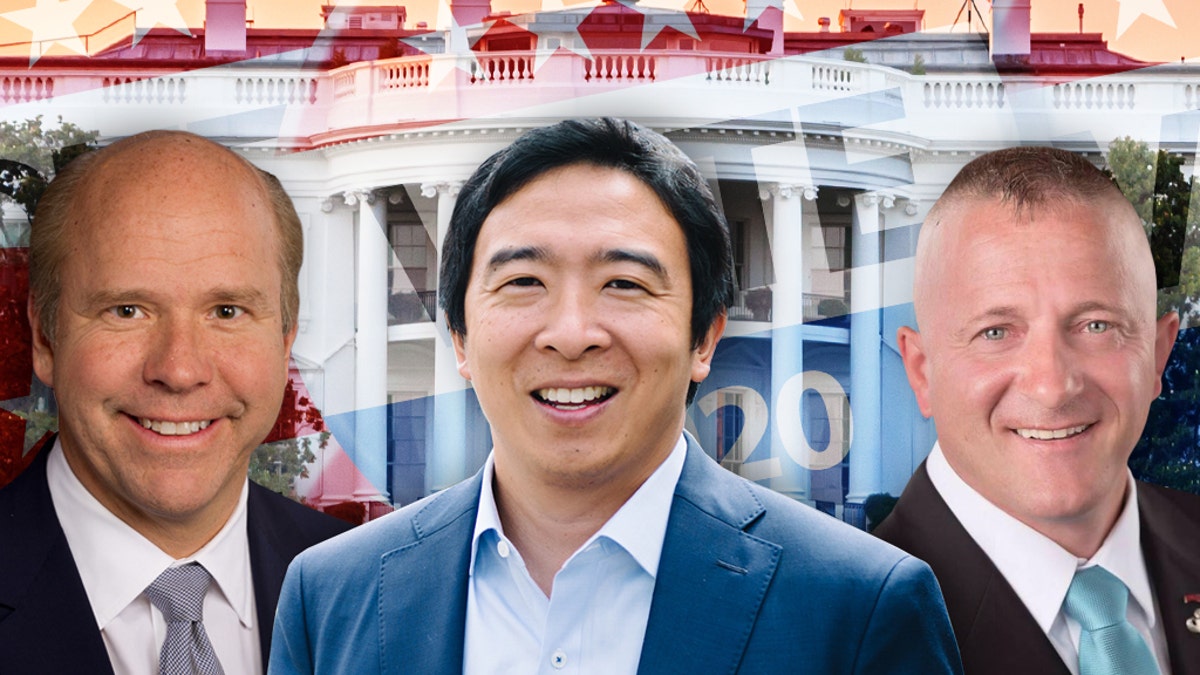 John Delaney, Andrew Yang and Richard Ojeda (from left to right) are among the longshot candidates seeking the Democratic presidential nomination in 2020. 