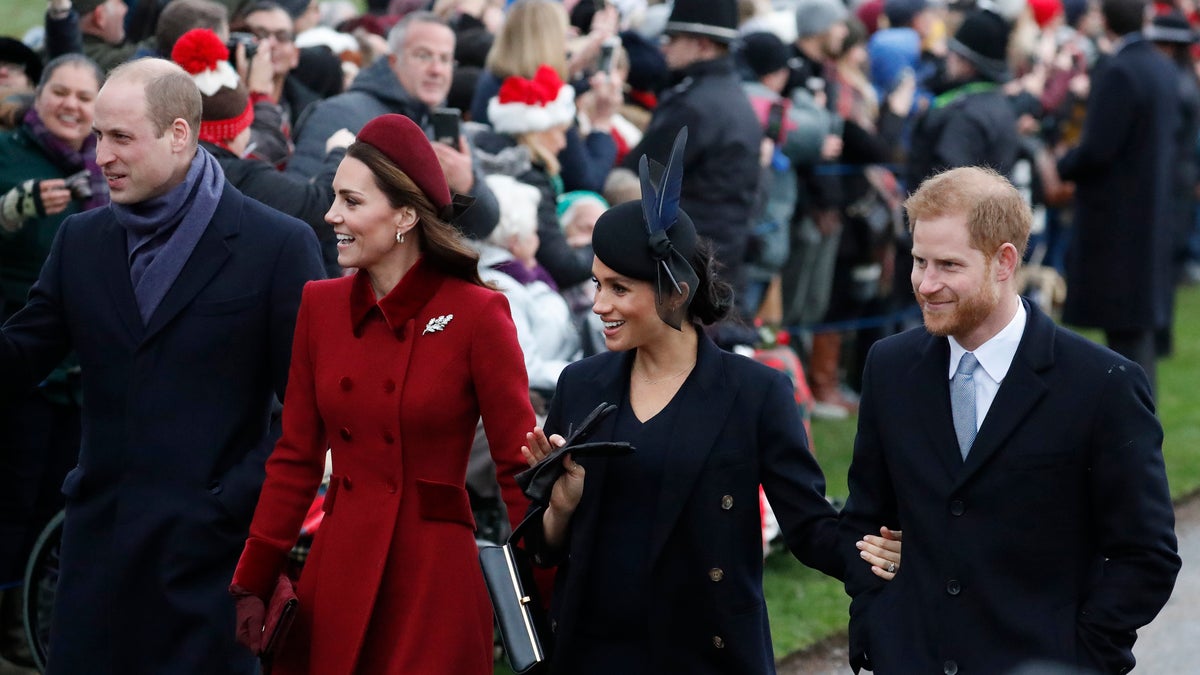 Britain's Prince William, left, Kate, Duchess of Cambridge, second left, Meghan Duchess of Sussex and Prince Harry, right, arrive to attend the Christmas day service at St Mary Magdalene Church in Sandringham in Norfolk, England, Tuesday, Dec. 25, 2018.