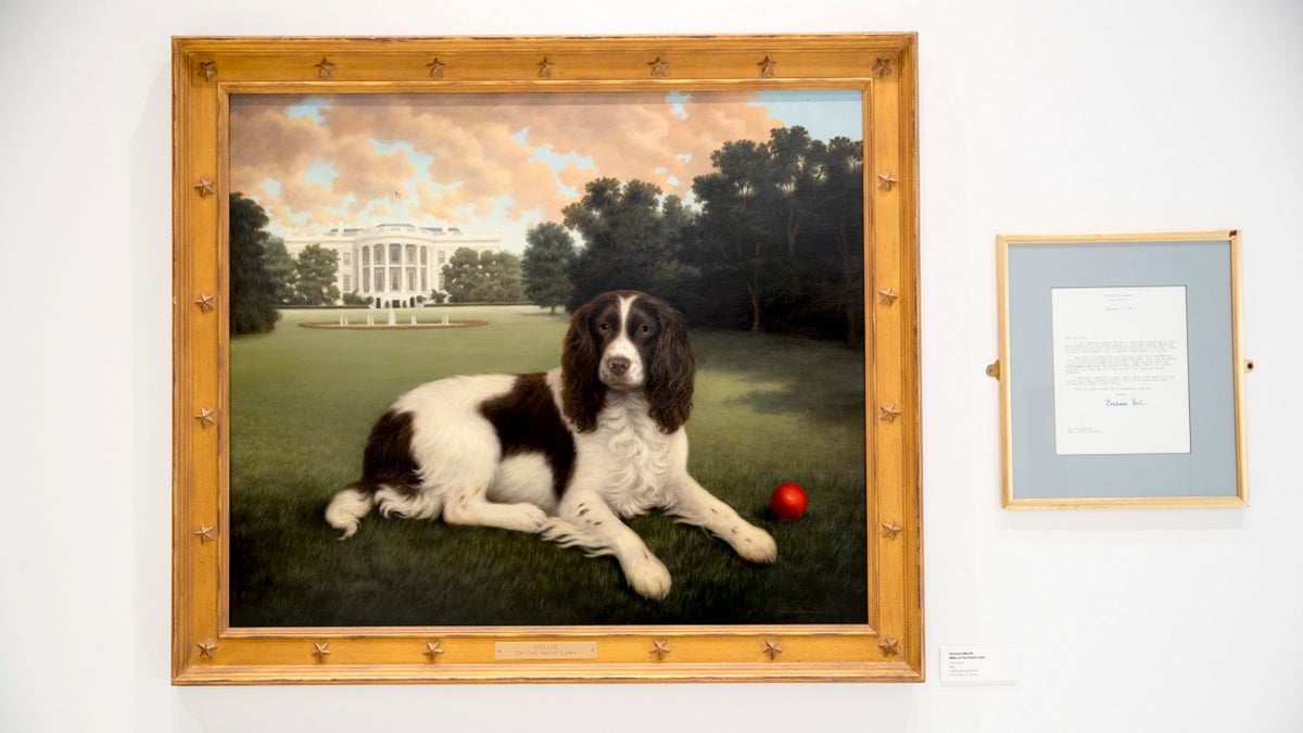 "Millie on the South Lawn" by Christine Merrill, alongside a letter from the late former first lady Barbara Bush, on display at the American Kennel Club Museum of the Dog in New York City, Jan. 9, 2019. The museum opens Feb. 8. (Associated Press)