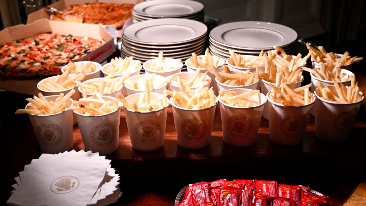 French fries and pizza are some of the fast food items for the reception for the Clemson Tigers in the State Dining Room of the White House in Washington, Monday, Jan. 14, 2019.