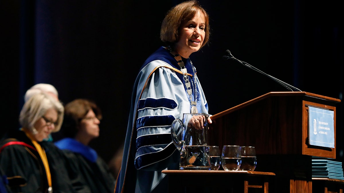 FILE-In this Friday, Oct. 12, 2018 file photo, UNC Chapel Hill Chancellor Carol Folt, the school's outgoing chancellor, ordered that the empty pedestal be put into storage because of safety concerns. (Ethan Hyman/The News &amp; Observer via AP, File)