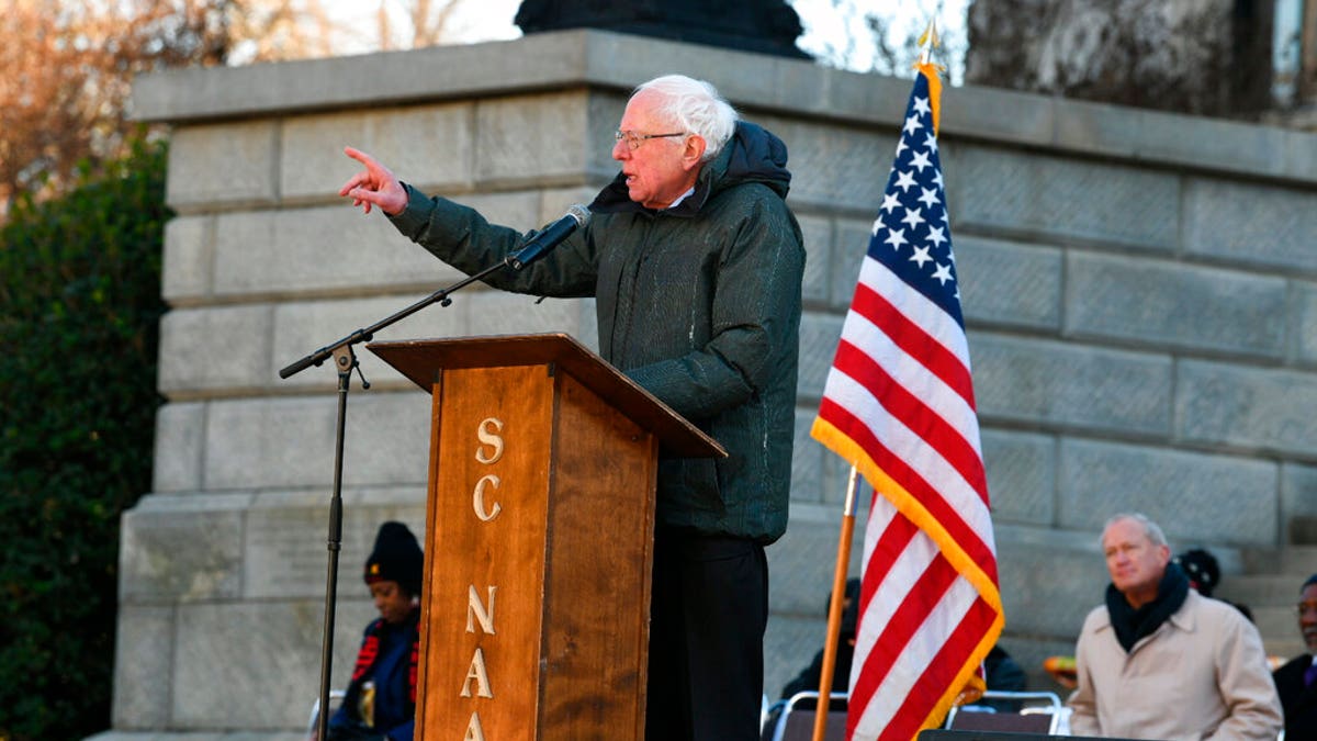 Sen. Bernie Sanders, I-Vt., speaking at the South Carolina Statehouse in Columbia on Monday. (AP Photo/Meg Kinnard)