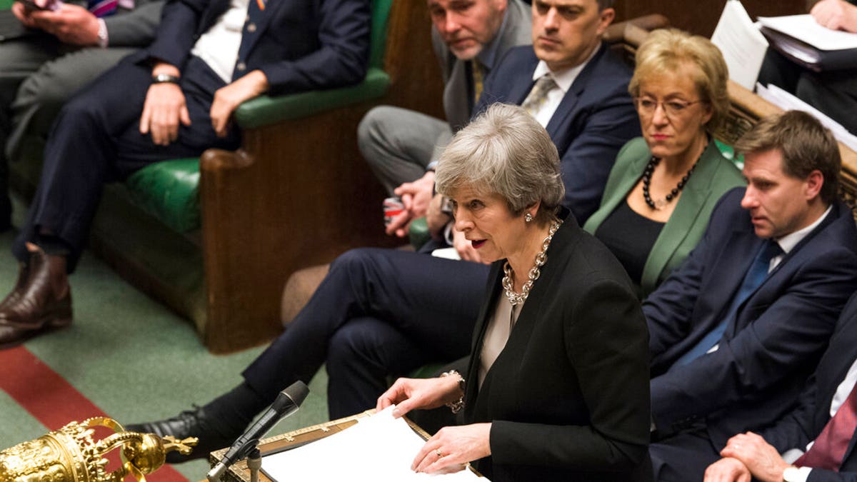 Britain's Prime Minister Theresa May reacts as she addresses the H<br>
ouse of Commons Parliament during the debate on Britain's Brexit European Union Withdrawal Act, in London, Tuesday Jan. 29, 2019.(Jessica Taylor/UK Parliament via AP)