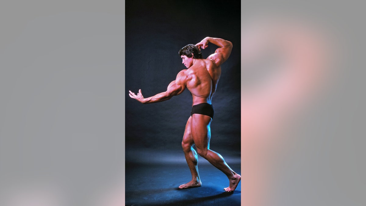 Arnold Schwarzenegger in October 1976, posing as a bodybuilder
