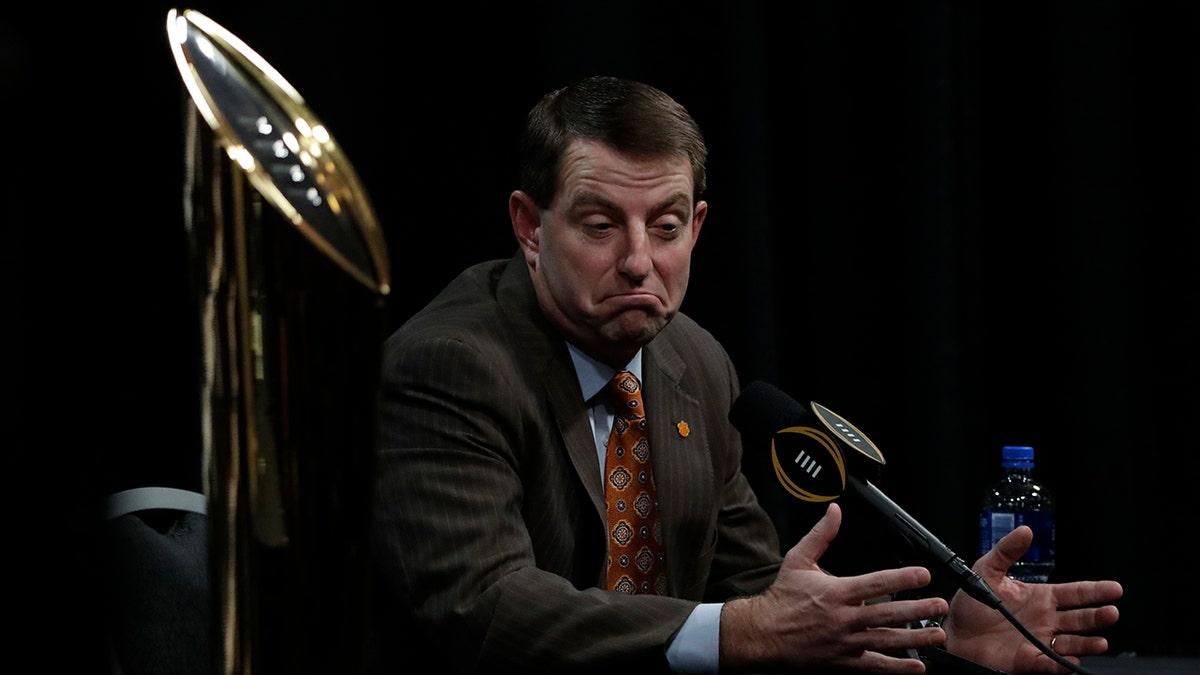 Clemson head coach Dabo Swinney answers questions at a news conference for the NCAA college football playoff championship game Sunday, Jan. 6, 2019, in Santa Clara, Calif.