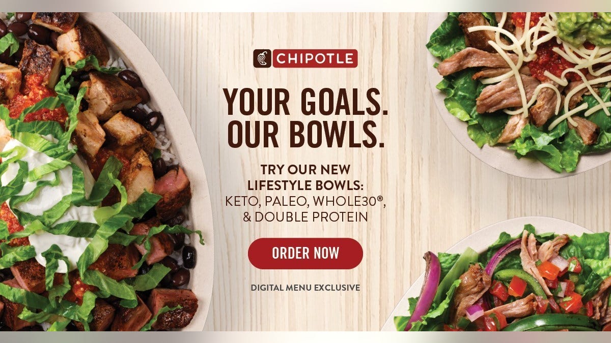 Chipotle's new Lifestyle Bowls include a Whole30® Salad Bowl, a Paleo Salad Bowl, a Keto Salad Bowl and a Double Protein Bowl.
