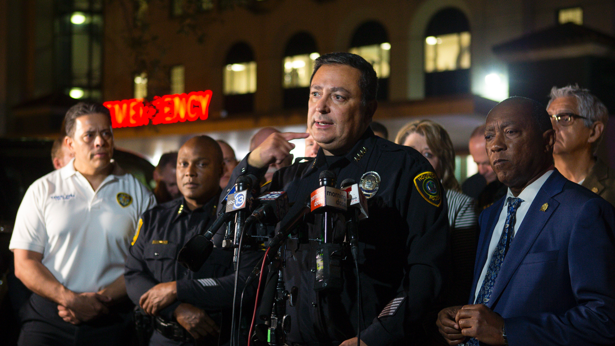 Houston Police Department Chief Art Acevedo updates the media on the conditions of officers injured during a shooting earlier in the evening, at a news conference outside of the emergency department of Memorial Hermann Hospital in the Texas Medical Center, Monday, Jan. 28, 2019, in Houston. (Mark Mulligan/Houston Chronicle via AP)