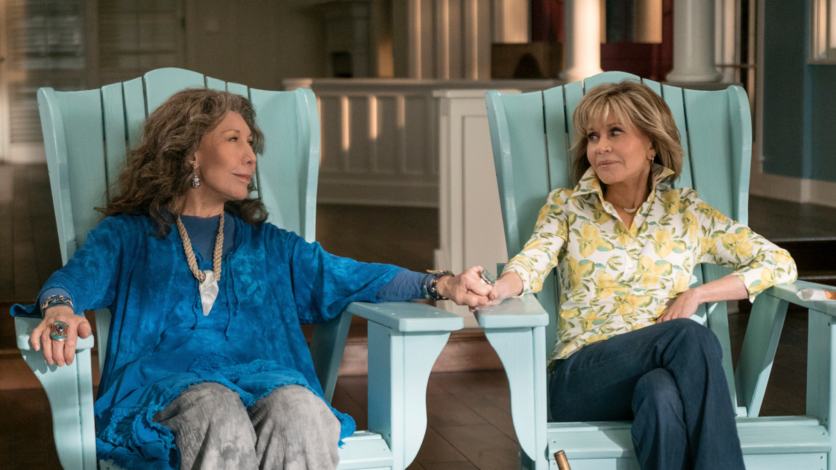 This image released by Netflix shows Lily Tomlin, left, and Jane Fonda in a scene from the comedy series "Grace And Frankie." (Ali Goldstein/Netflix via AP)