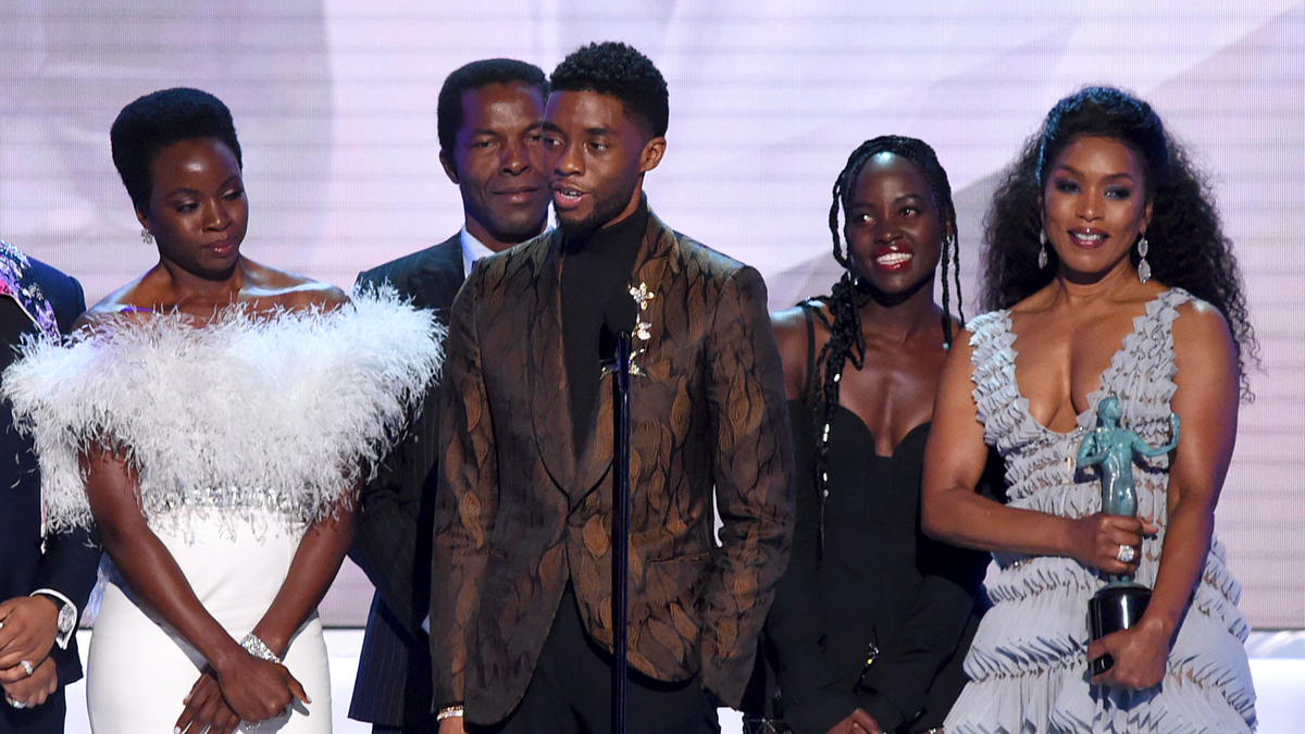 Danai Gurira, Isaach de Bankole, Chadwick Boseman, Lupita Nyong'o and Angela Bassett from the cast of "Black Panther" accept the award for outstanding performance by a cast in a motion picture at the 25th annual Screen Actors Guild Awards at the Shrine Auditorium &amp; Expo Hall on Sunday, Jan. 27, 2019, in Los Angeles