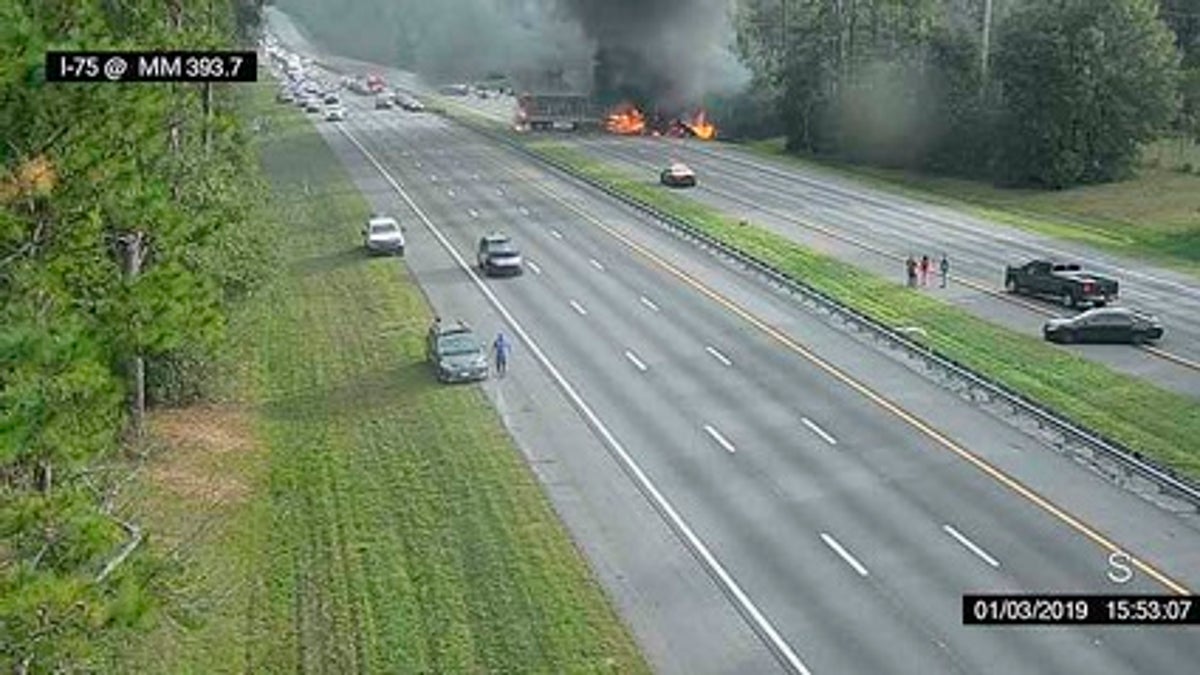 The image shows the fiery crash along Interstate 75 on Thursday, Jan. 3, 2019.
