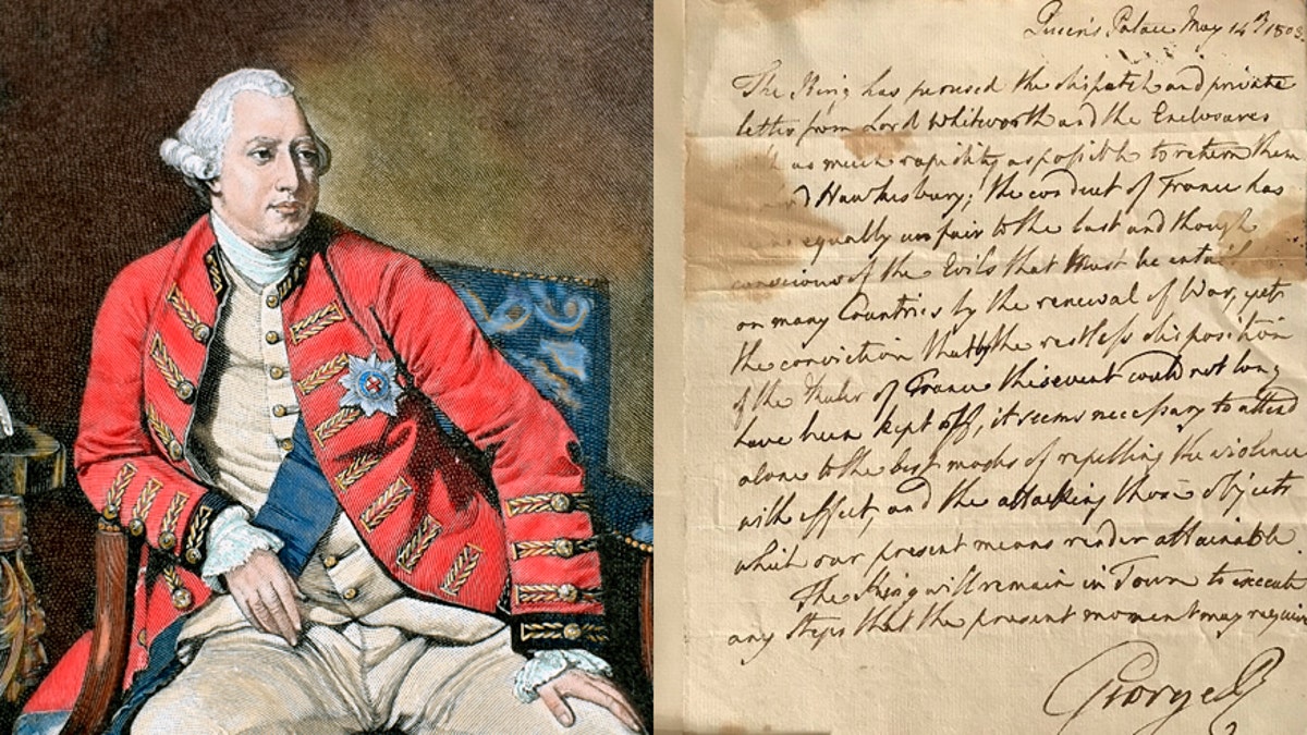 George III, colored engraving/the letter declaring war. (Photo by Prisma/UIG/Getty Images/SWNS/Cheffins)