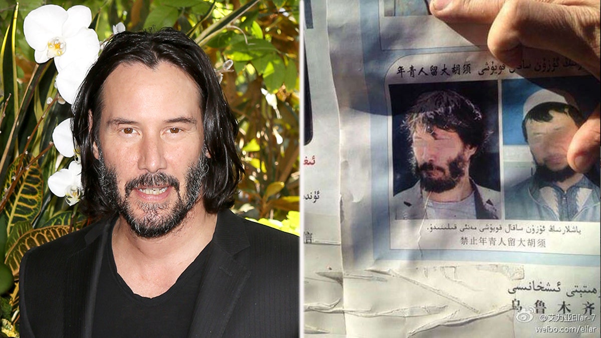 A picture of "Matrix" actor Keanu Reeves (left) appeared to be featured in Chinese government posters (right)