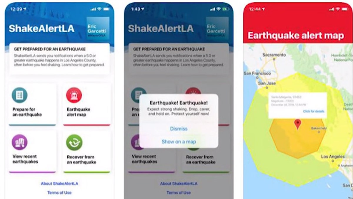 Screenshots show how alert messages are displayed on the ShakeAlertLA app.