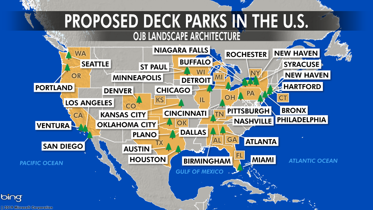 More than 30 cities in the U.S. are seriously considering developing deck parks, according to OJB Landscape Architecture.