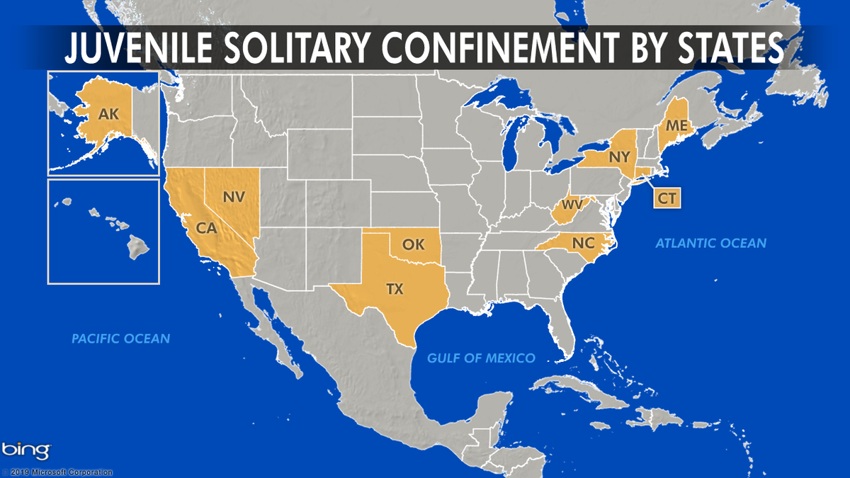States that have passed laws to ban or limit solitary confinement California and New York, Alaska, Connecticut, Maine, Nevada, North Carolina, Oklahoma, Texas, and West Virginia.