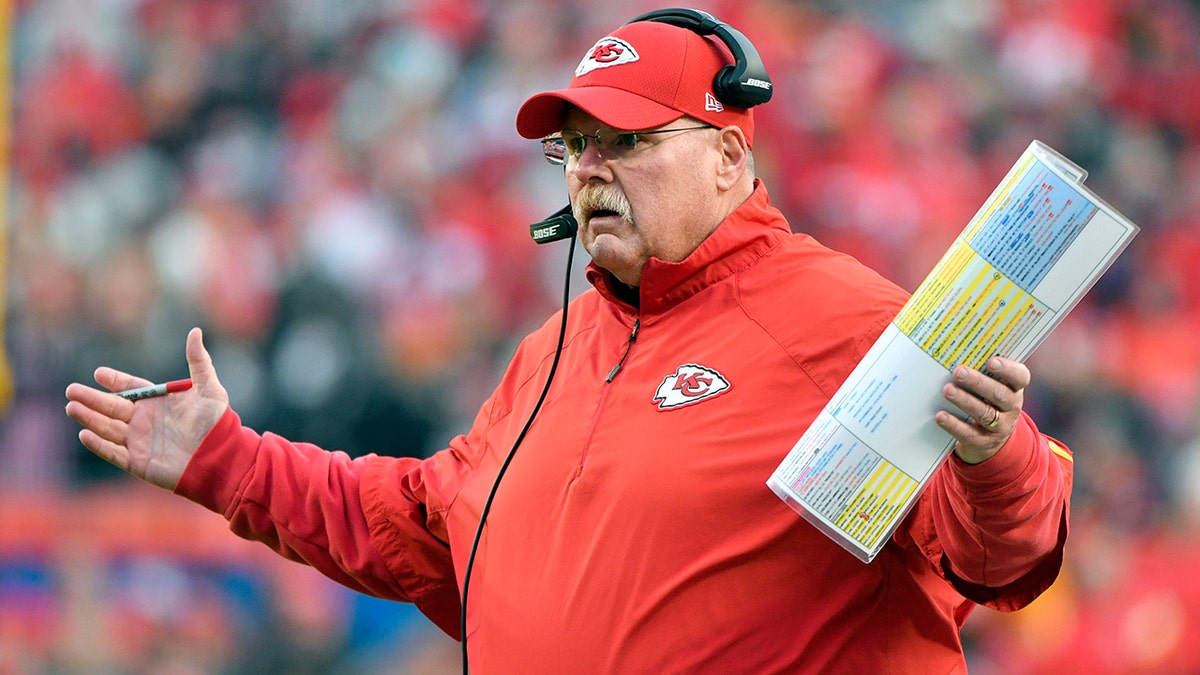 FILE - In this Dec. 30, 2018, file photo, Kansas City Chiefs head coach Andy Reid gestures during the first half of an NFL football game against the Oakland Raiders, in Kansas City, Mo. 