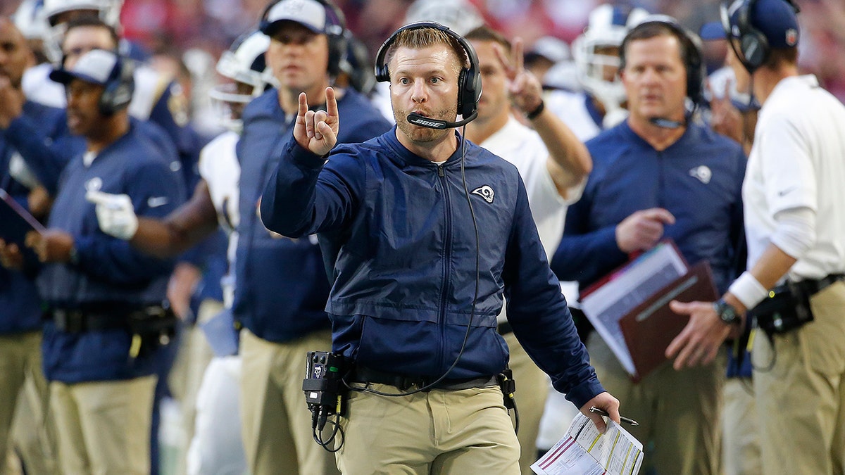 FILE - In this Sunday, Dec. 23, 2018 file photo, Los Angeles Rams head coach Sean McVay makes a call against the Arizona Cardinals.