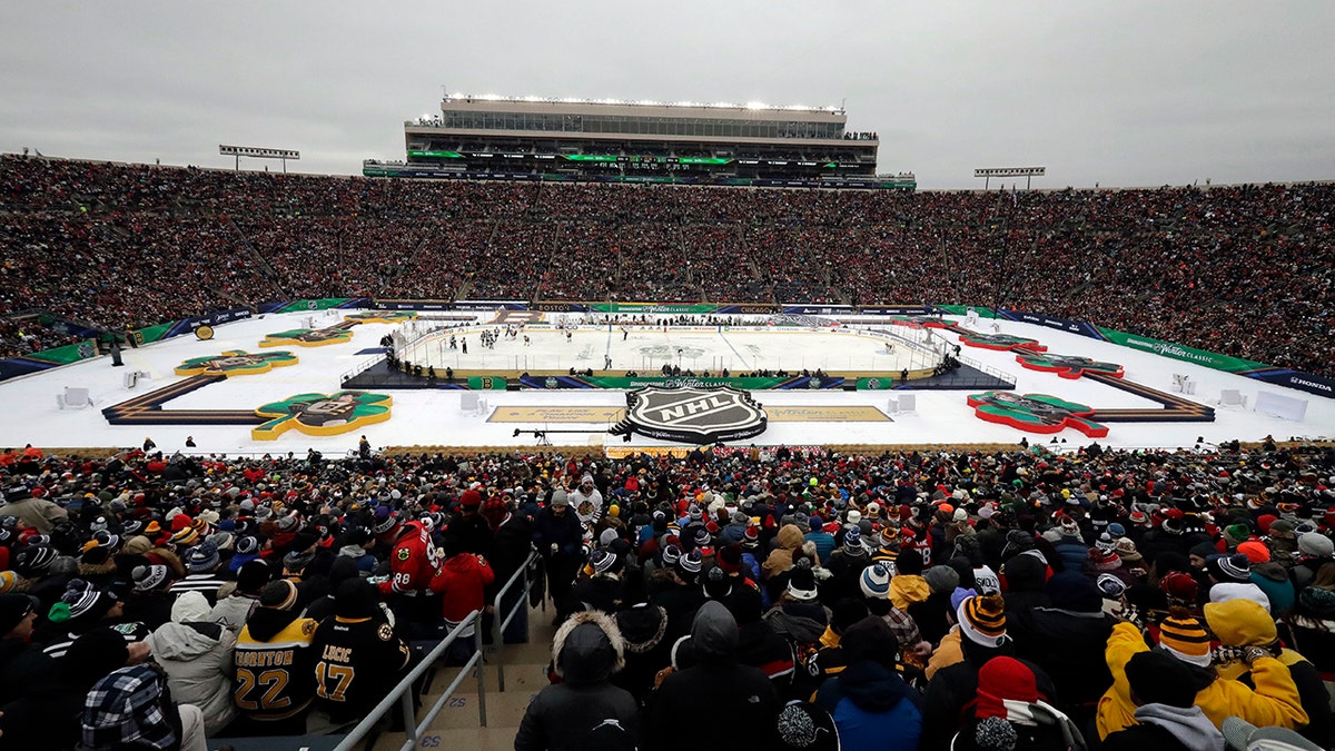 A general view of Notre Dame Stadium is seen in the second period of the NHL Winter Classic hockey game between the Boston Bruins and the Chicago Blackhawks, Tuesday, Jan. 1, 2019, in South Bend, Ind.